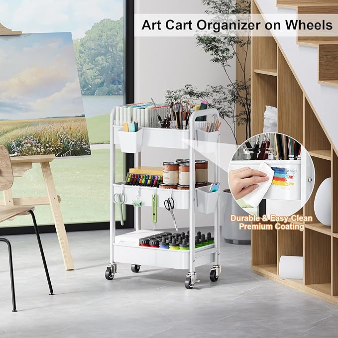 3 Tier Rolling Cart with Wheels, Metal Utility Storage Cart on Wheels, Craft Carts Organizer with Hanging Cups, Hooks, Three Tiered Rolling Carts for Bathroom, Laundry Room, Nursery, Office, White