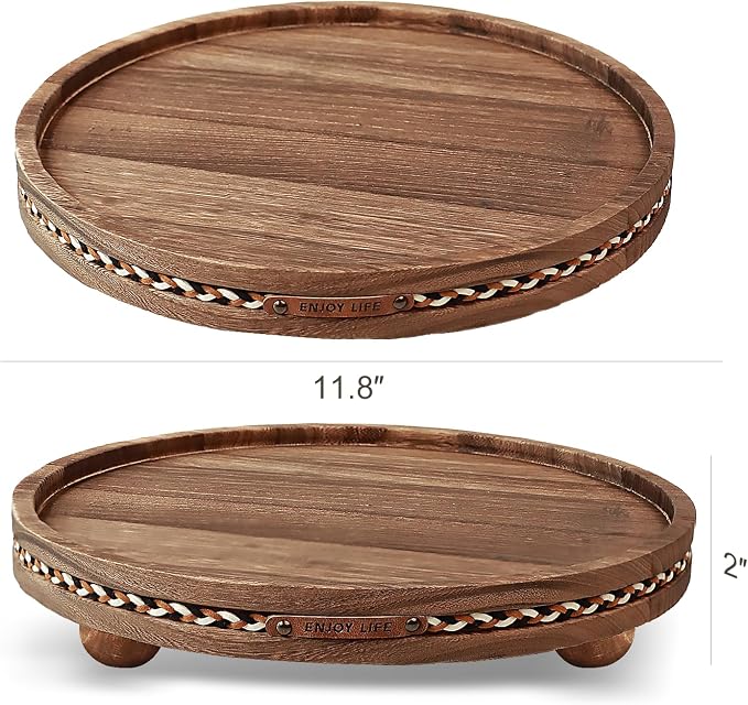 Farmhouse Decorative Round Tray, 11.81 Inch, Versatile Centerpiece Tray for Coffee Table Kitchen Living Room Bathroom, Home Decor Accent Rustic + Stripes