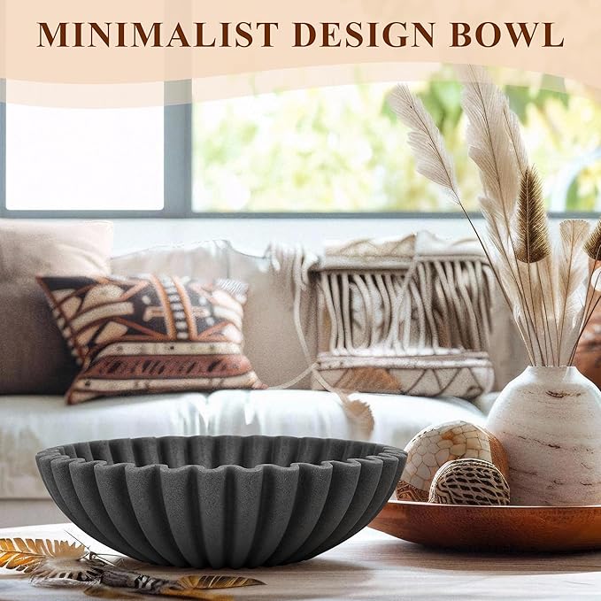 YMXYJM Large Decorative Bowl, Modern Handicraft Bowls for Home Decor, Decorative Fruit Bowl for Kitchen, Ruffle Bowl Decor, Stylish Key bowl for Entry Table, Artificial Stone Black