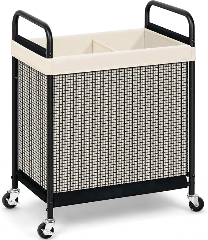 STORAGE MANIAC Rolling Laundry Hamper with Wheels 2-Section Laundry Sorter Rolling Laundrys Basket on Wheels with Removable Bag Clothes Hamper Laundrys Organizer Cart Bathroom Bedroom 100L Beige