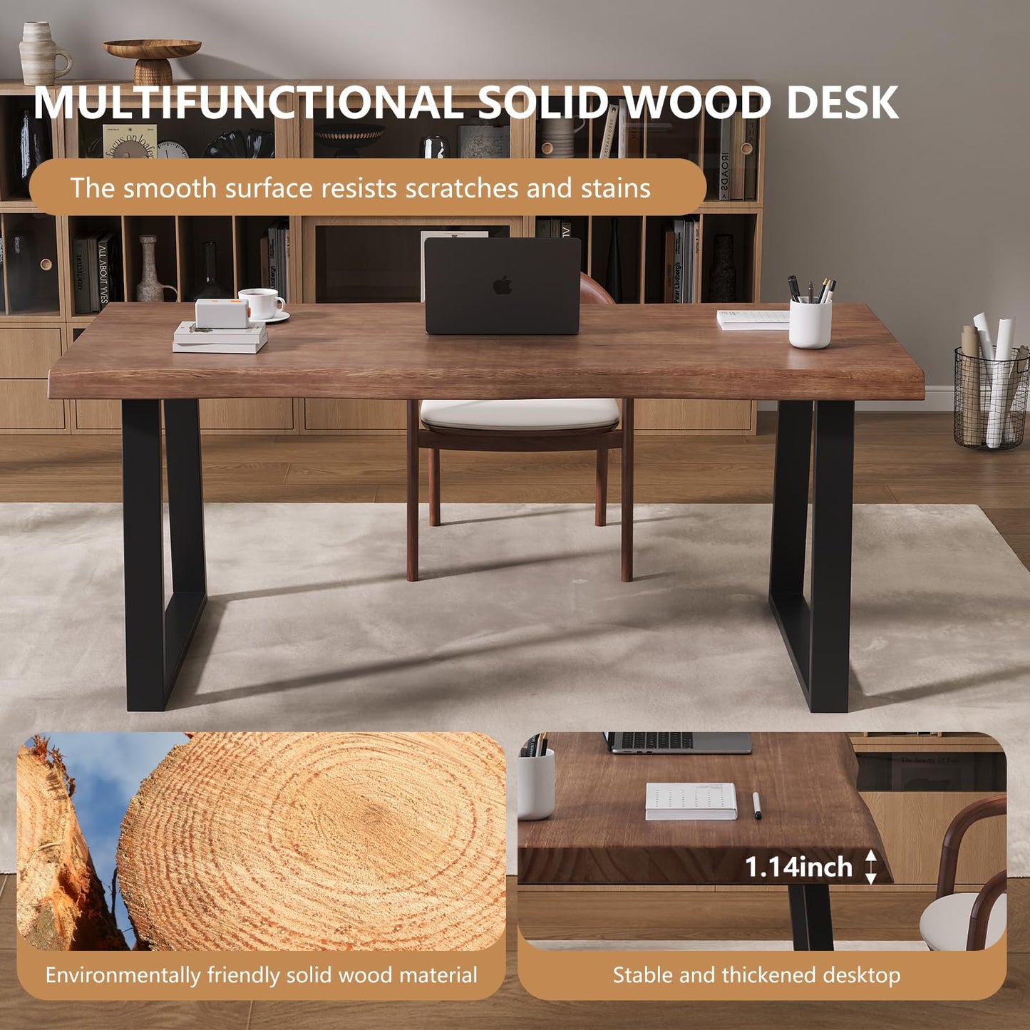 Pine computer desk, modern solid wood home office desk, long rural farmhouse pine dining table, administrative workstation computer desk, suitable for living room and dining room (55inch)