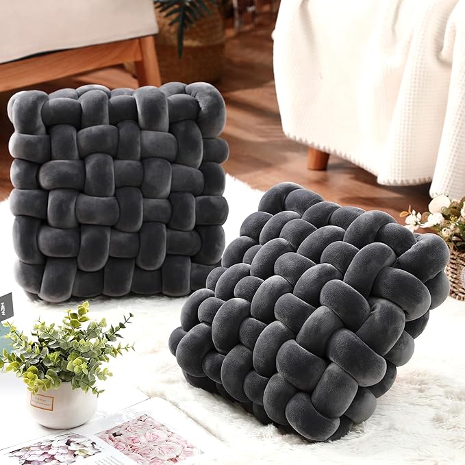 Wenqik 2 Pcs Knot Pillows Square Knotted Plush Throws Soft Accent Pillows Decoration Cushion for Couch Home Office Living Room Bedroom Bed Sofa Decor, 12'' x 13''(Dark Gray,Crystal Velvet)