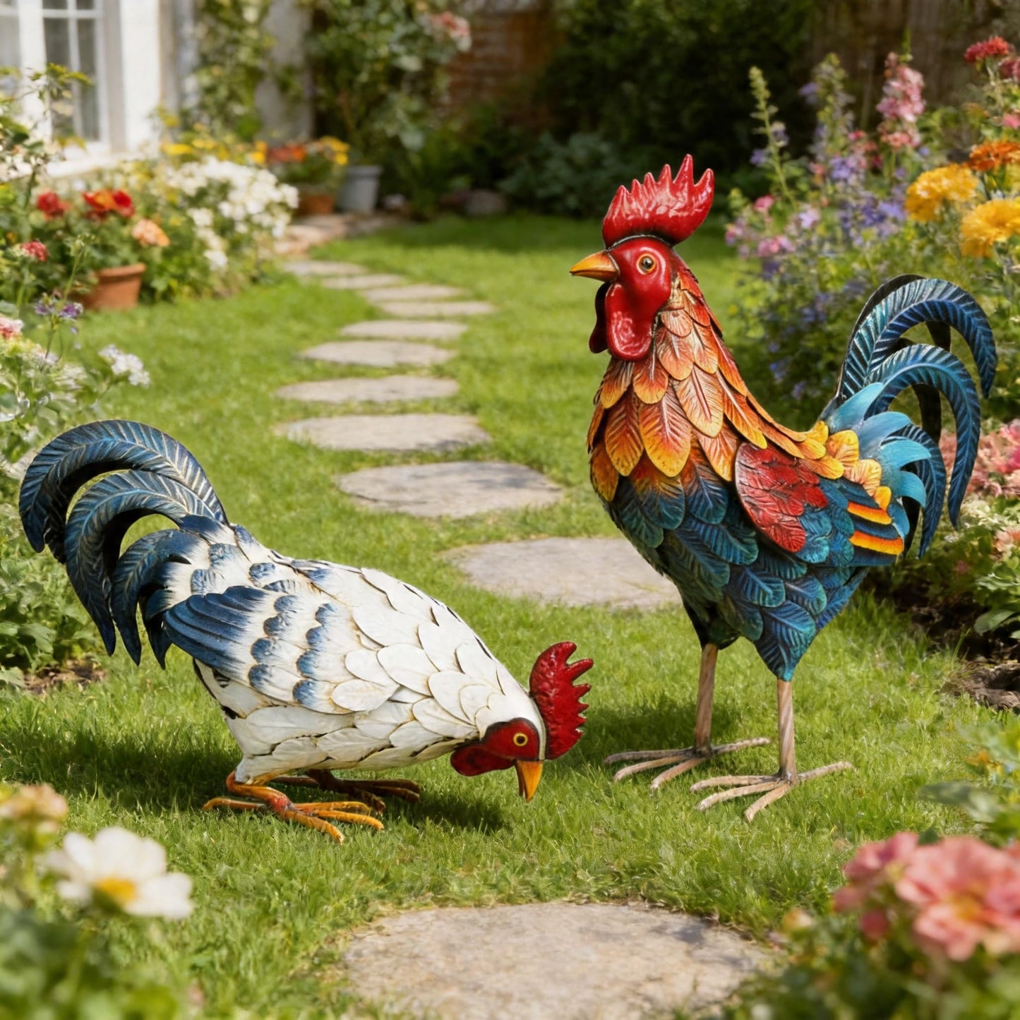 Shorayn Metal Rooster Statues, Outdoor Garden Metal Chicken Decor, Garden Sculptures Chicken Ornaments Yard Art for Backyard Patio Lawn Decorations, Set of 2