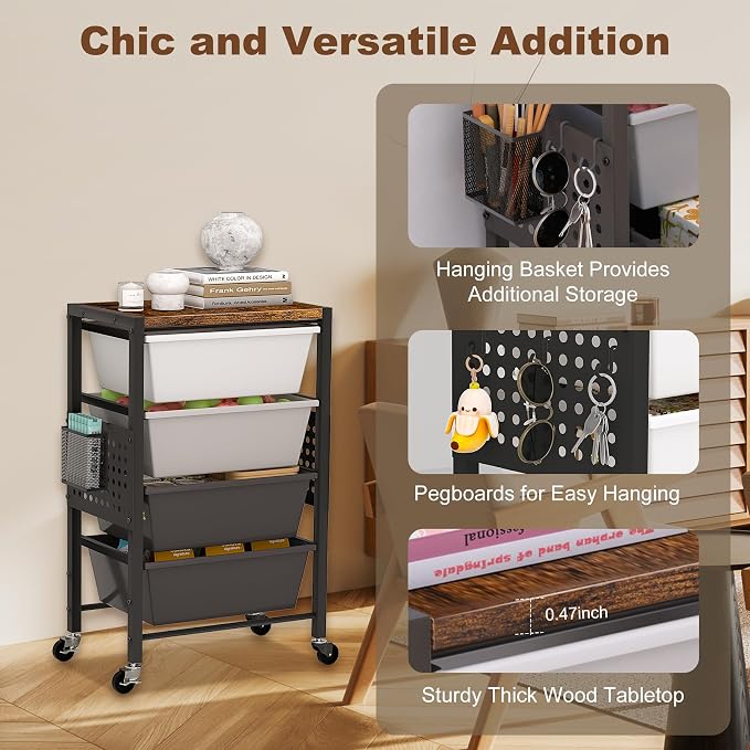 Rolling Cart with Drawers, Rolling Storage Cart with Large Plastic Drawers & Wooden Tabletop, Utility Cart with Pegboards & Basket, Storage Drawers Cart for Living Room, Classroom, Bedroom, Office