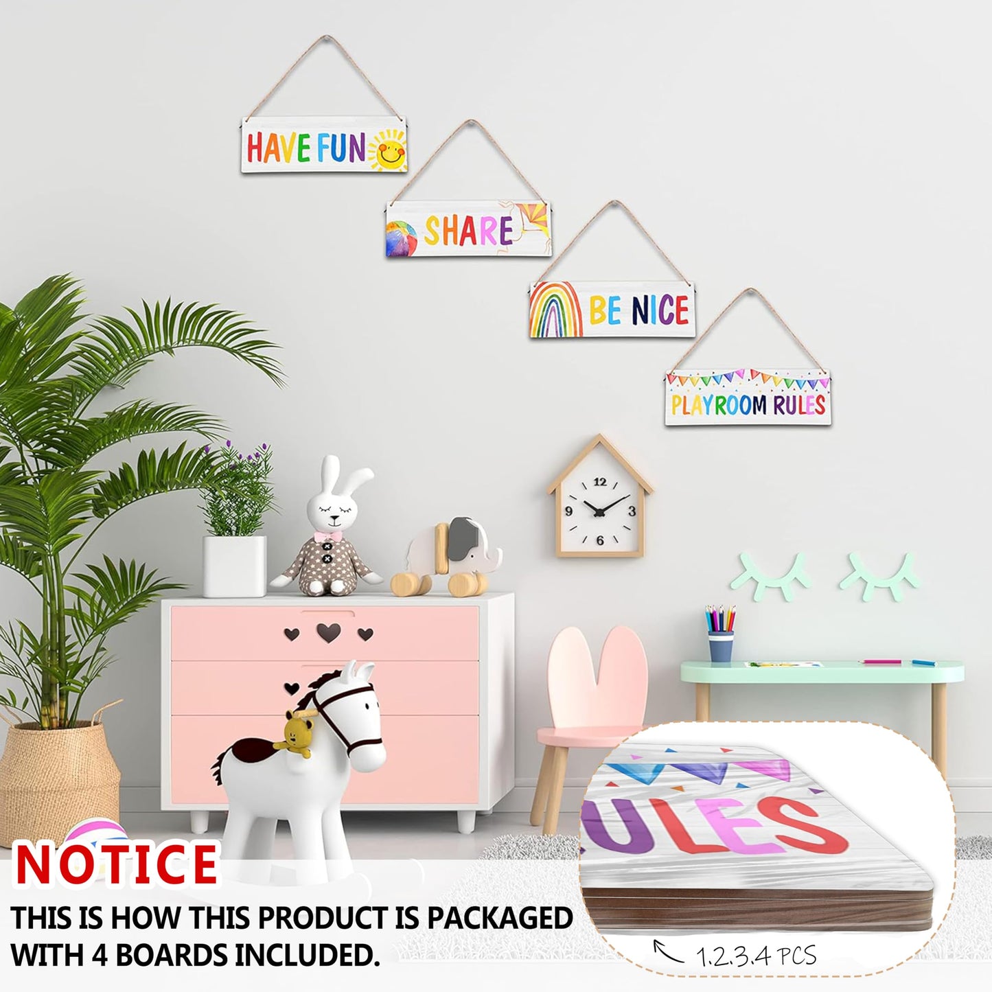 4 Pieces Playroom Decor Kids Room Wall Decor Wooden Sign - Rainbow Theme Motivational Wall Art For Kids Room Nursery Classroom - Playroom Rules Be Nice Share Have Fun(Sign-12)