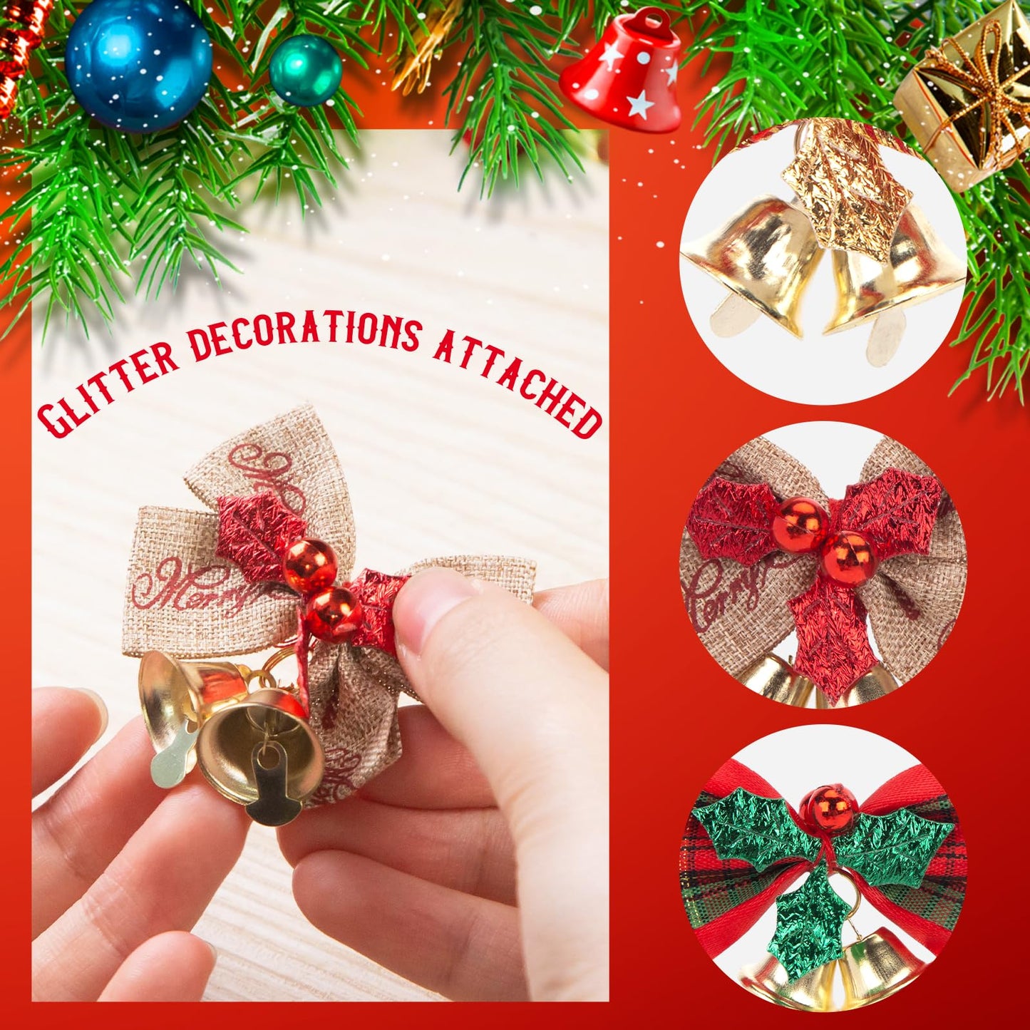MCPINKY 40PCS Christmas Tree Bows with Bells, Xmas Garland Wreath Bows Ornaments Mini Small Linen Bowknot for Christmas Tree Decor Gift Packaging Decorations