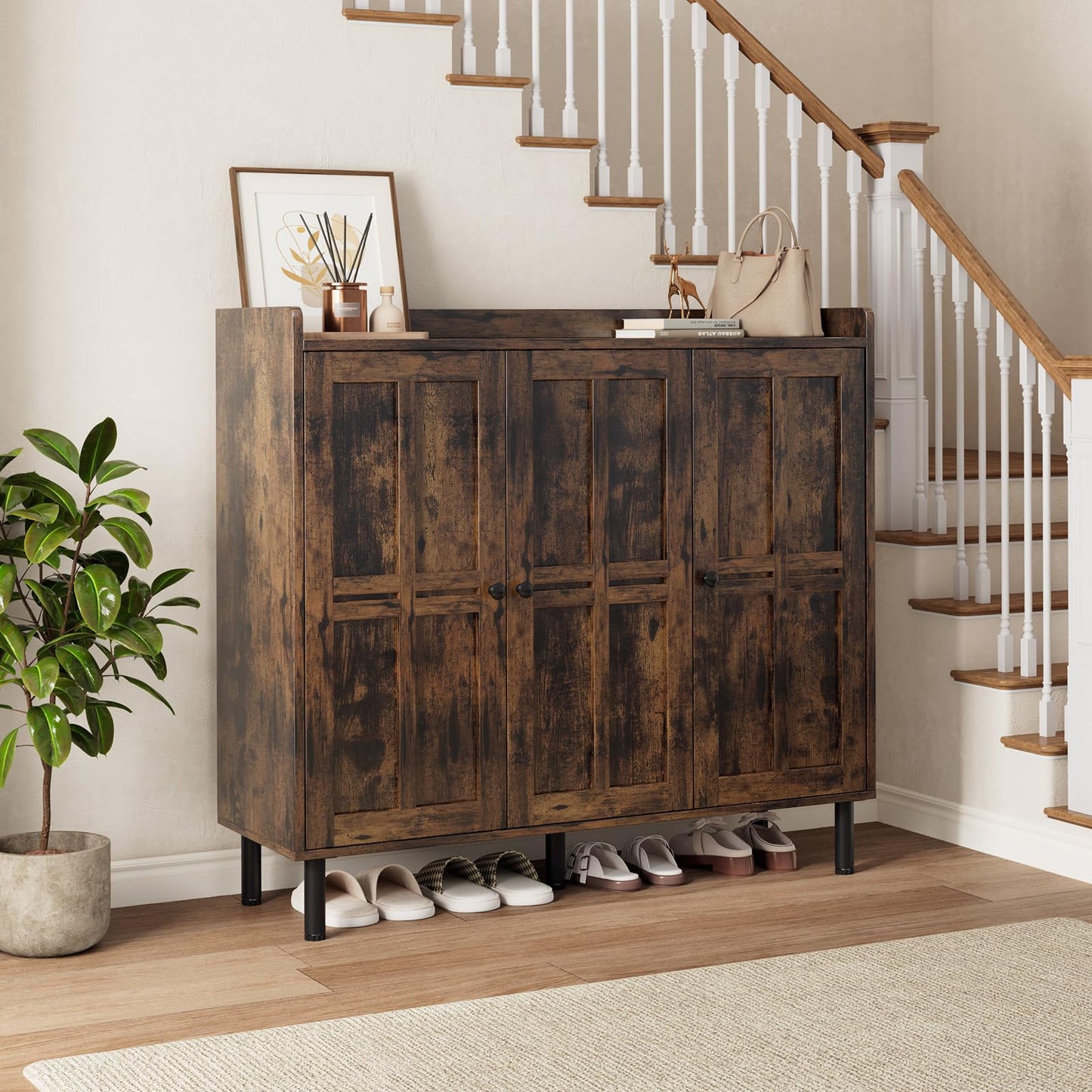 5+2 Tier Shoe Storage Cabinet with 3 Doors, 40" Tall Entryway Cabinet for 30 Pairs Shoe, Shoe Rack Organizer with 5 Adjustable Shelves & Metal Legs, Shoe Storage for Front Door Entrance, Rustic Brown