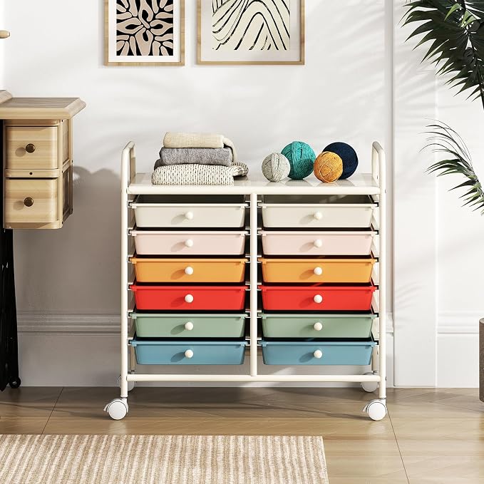 COSTWAY 12-Drawer Rolling Storage Cart, Utility Storage Organizer Cart for Tools, Scrapbook, Paper, Craft, Multipurpose Art Supply Organizer on Wheels for Home Office School, Teacher, Macaron