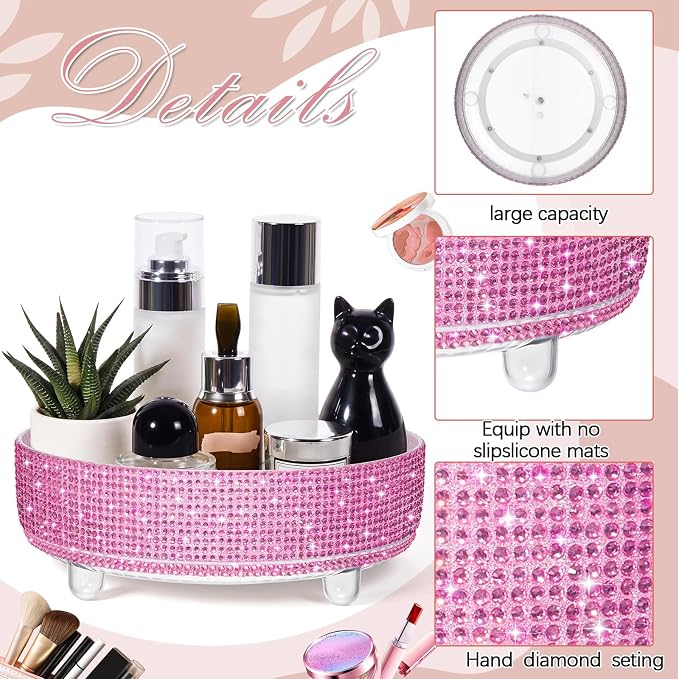 Honeydak Pink Bling Perfume Makeup Organizer Bling Mother's Day Nurses Day Gifts for Women Bathroom Organizers and Storage 360 Rotating Makeup Organizer for Countertop(Resin Stone)