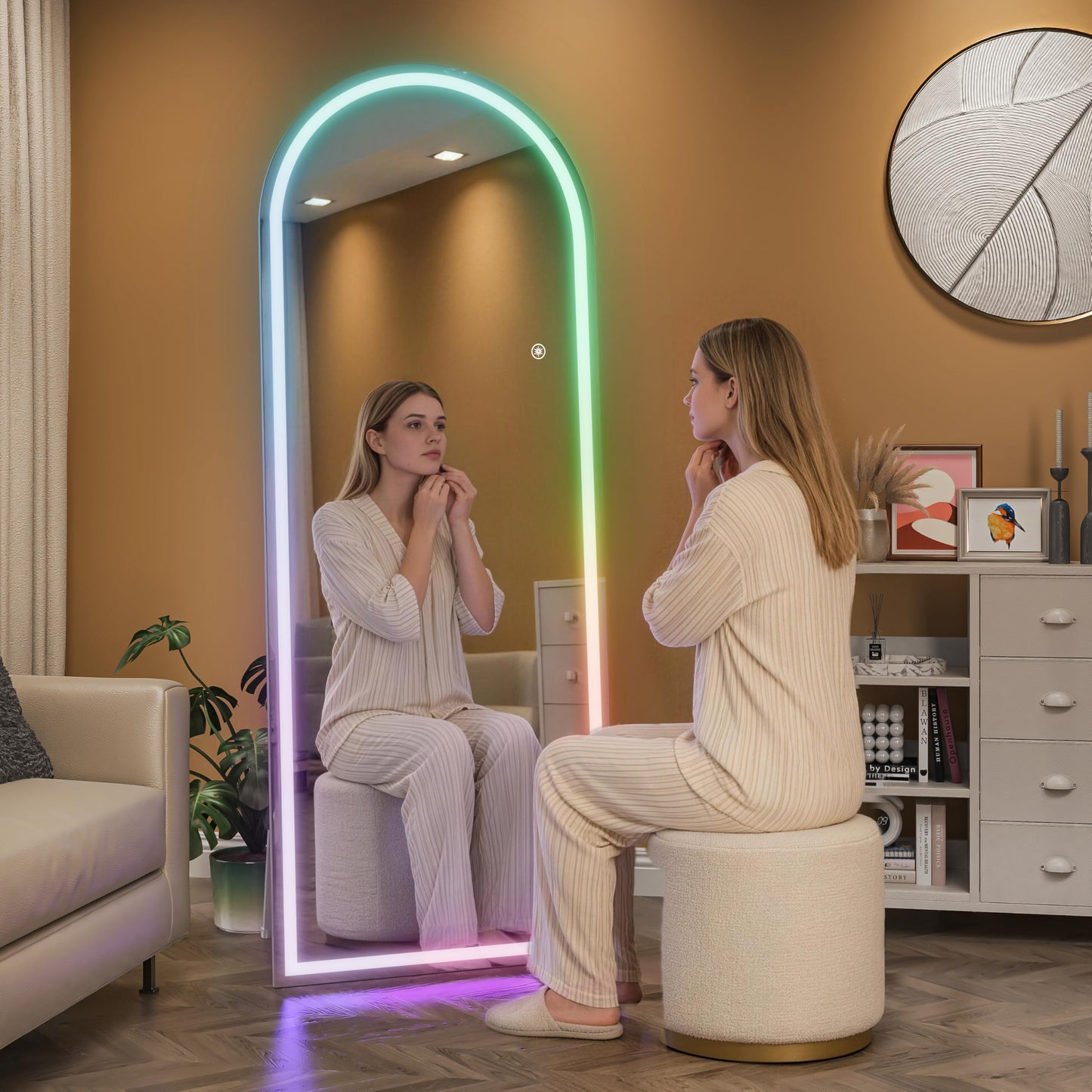 Hasipu Arch Full Length Mirror 79 x 36 in with Stand — Arch LED RGB Full Body Mirror, 7 Lighting Modes, Dimmable, Built‑in Bluetooth Speaker, White Frame for Bedroom Dressing Room