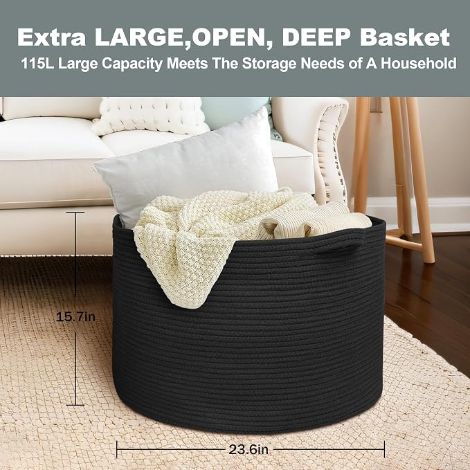MEGASKET 115L Super Large Black Blanket Basket, 23.6"x15.7" Woven Rope Bin for Storage, Oversized Kids Dog Toy Storage Box Bins, XXXL Blanket Holder for Living Room, Jumbo Wicker Basket for Organizing