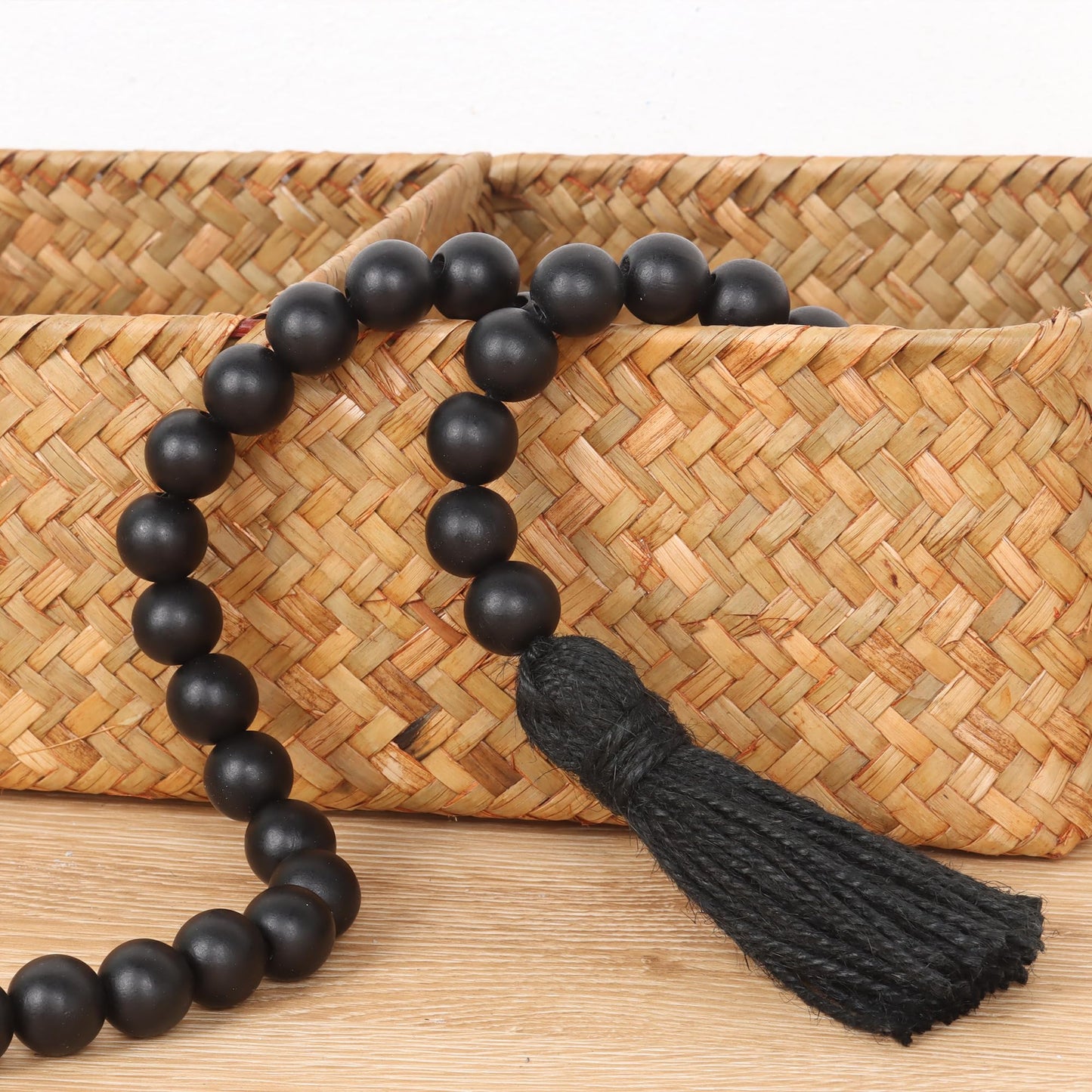 RAMIRABI Wood Beads Garland with Tassels Farmhouse Rustic Prayer Boho Beads for Boho Home Decor, Wall Hanging Decoration (Black)