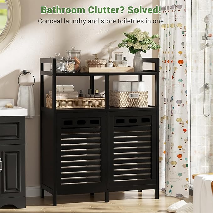 Homykic Tilt Out Laundry Hamper Cabinet, Bamboo Double Laundry Hamper with 2 Removable Laundry Baskets, 20 Gal Laundry Sorter Organizer with Shelf for Dirty Clothes, Bathroom, Laundry Room, Black
