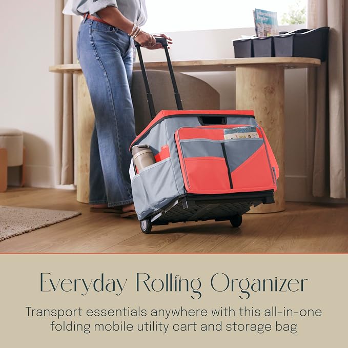 Mobile Folding Utility Cart with Canvas Storage Organizer Bag, Rolling Cart, Red/Grey
