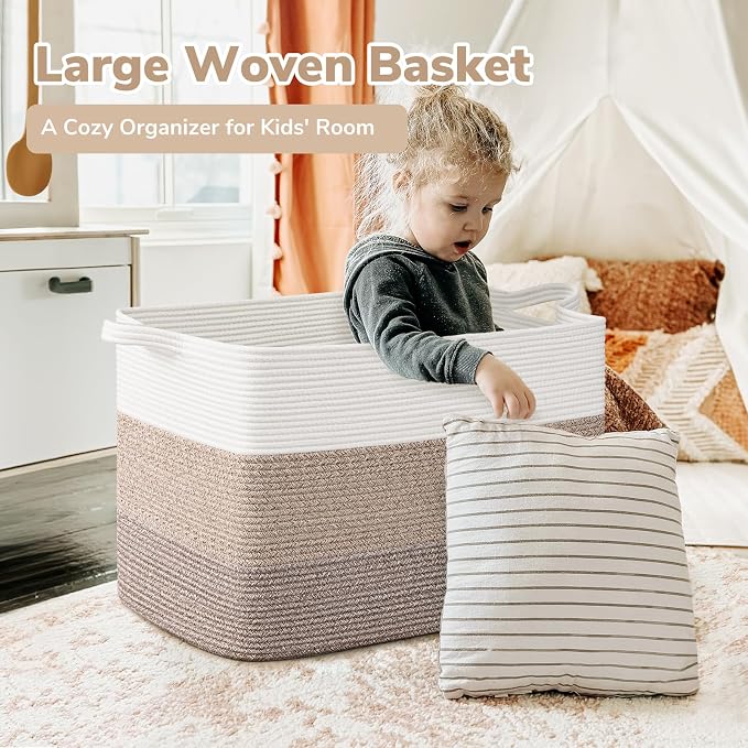 Goodpick 105L Woven Blanket Basket 25" x 16" x 16" Cotton Rope Storage Bins for Dirty Clothes, Extra Large Gift Basket for Living Room Home Decor, Toy Storage Baskets for Kids, Gradient Brown