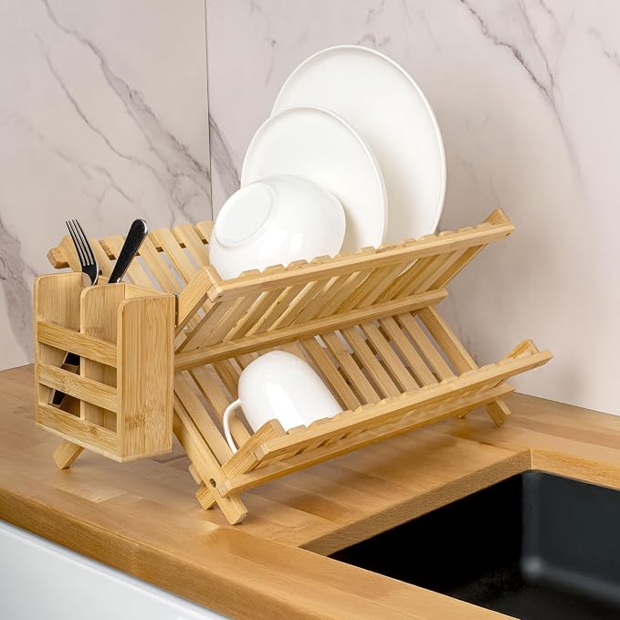 happimess DSH2000A Arlen Farmhouse Bamboo Foldable 2-Tier Dish Drying Rack with Detachable Utensil Holder, Natural