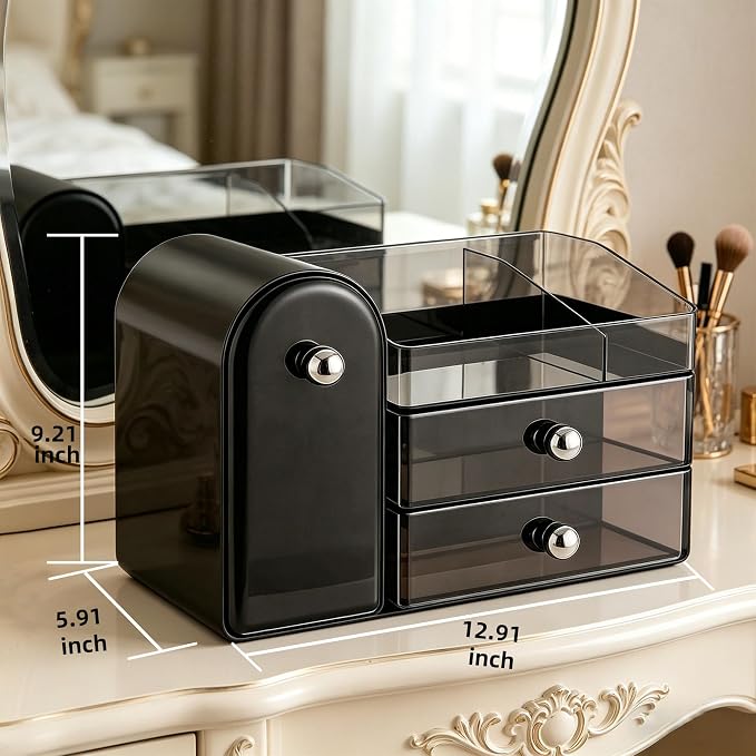 Makeup Organizer with Makeup Brush Holder, Cosmetic Organizer with 2 Drawer for Lipsticks, Perfumes, Eyeshadow Palettes and Nail Polishes (Black)