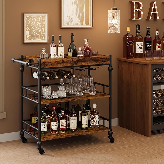 GarveeHome Bar Cart with Wheels, 3-Tier Serving Cart for Home, Mobile Rolling Beverage Cart with Wine Rack and Removable Tray for Kitchen, Dining, Living Room, 35.4" x 15.7" x 34.1", Rustic Brown
