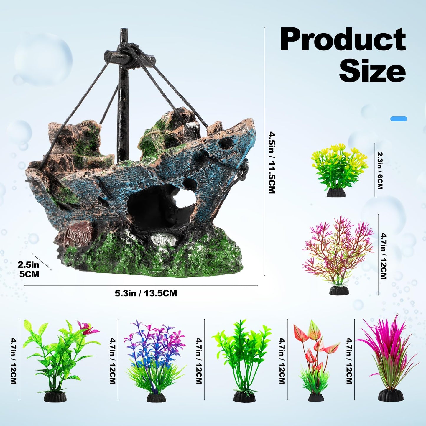 Xereooe 8Pcs Fish Tank Decorations Set Sunken Ship Decoration,Resin Material Fish Tank Accessories Accessories for Natural Look, Aquarium Shipwreck x 1pc, Aquatic Plants x 7pcs