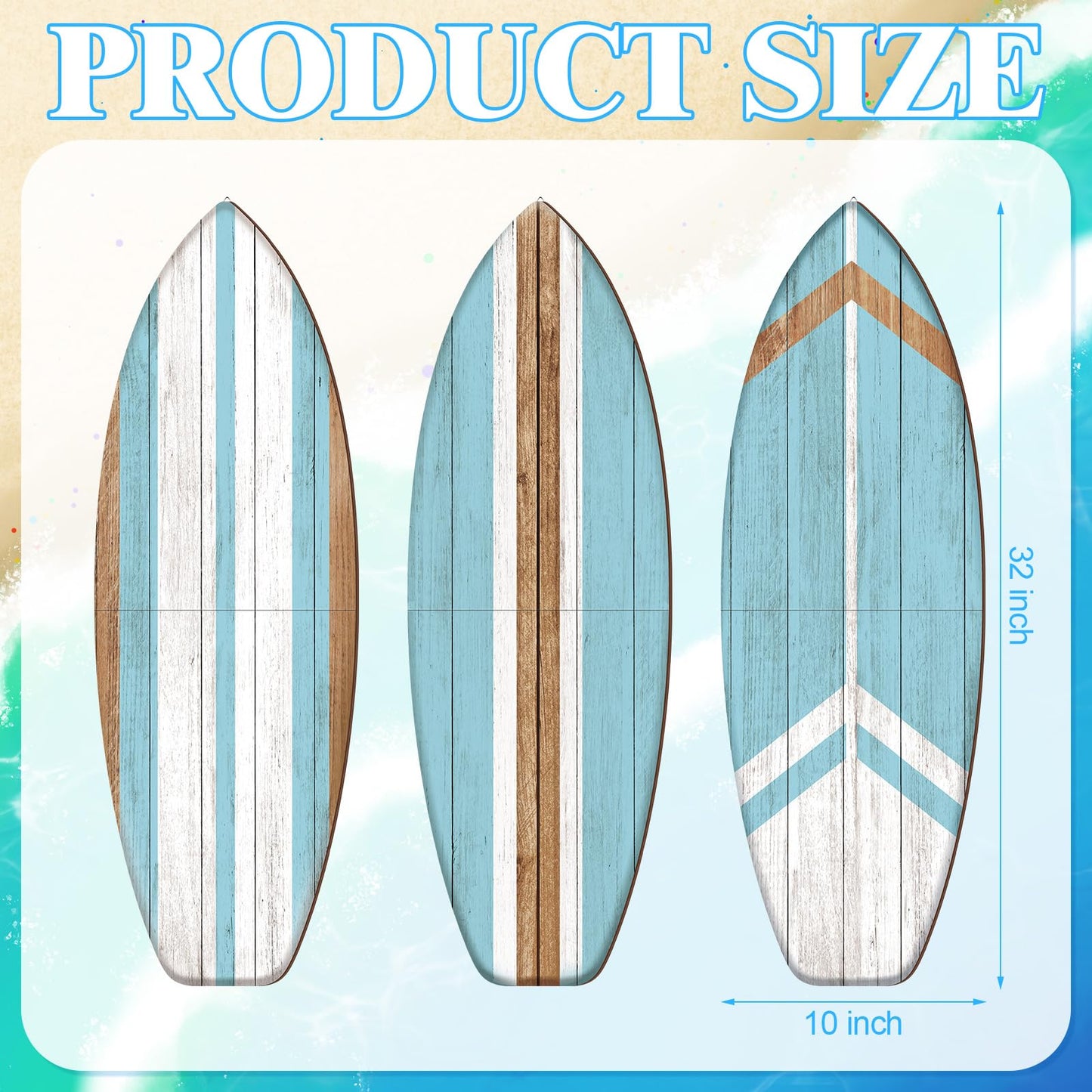 Yookeer 3 Pcs Surfboard Wall Decor,36" x 12" Large Wooden Surfboard Wall Art Set, Beach Room Decor Aesthetic Cute Beachy Tropical Surf Board Art for Surfer Bedroom Decoration(Blue,Cute)