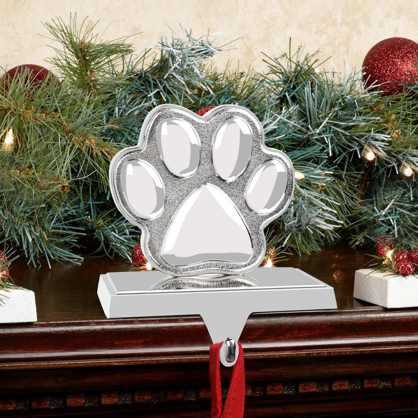 Fowecelt Dog Paw Christmas Stocking Holder, 3D Silver Metal Mantel Stocking Hanger for Mantel Shelf Stand Table Christmas Decor
