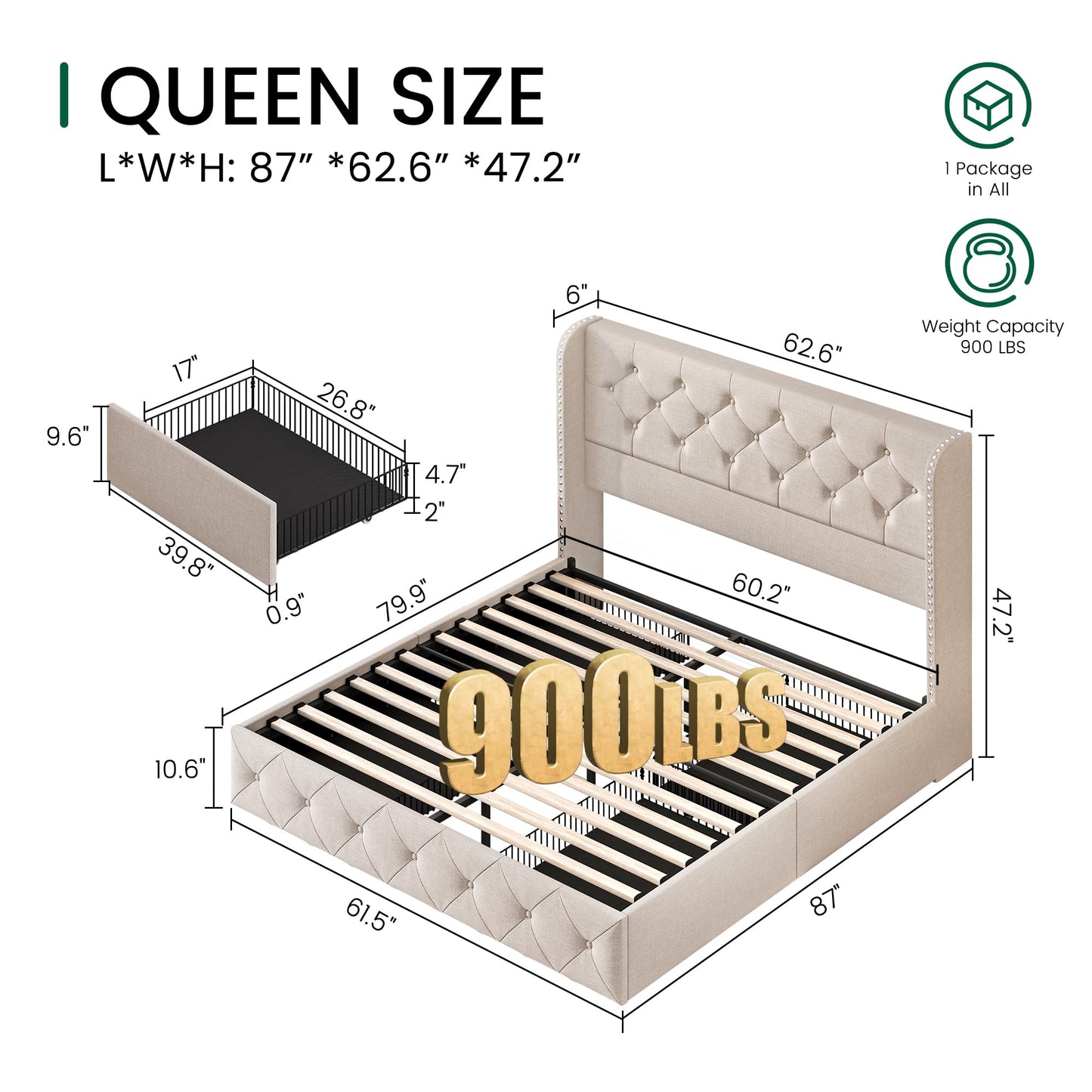 LARMACE Queen Size Bed Frame with 4 Storage Drawers and 47.2" Tall Tufted Headboard Linen Upholstered Platform Bed Frame Wingback Beds with Wooden Slats Support, Easy Assembly, Beige