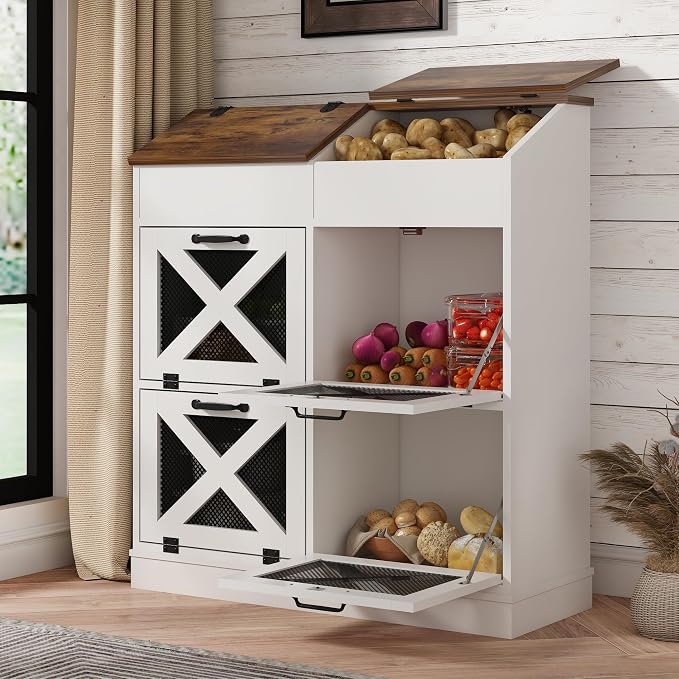 Potato And Onion Storage Bin with Lid,Veggie Bin W/6 Large Storage Box.Root Vegetable Storage Box For Kitchen,Farmhouse Potato Storage Bin W/4 Mesh Doors,Bread Keeper for Toast,Bagel,Donut,Cookies