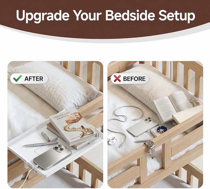 COOL-ANGLE Bedside Shelf for Bunk Bed & College Dorm, 13x9.5 Clamp-On Floating Nightstand with Hidden Storage & Cable Management, Fits Bed Rails up to 2.9", White