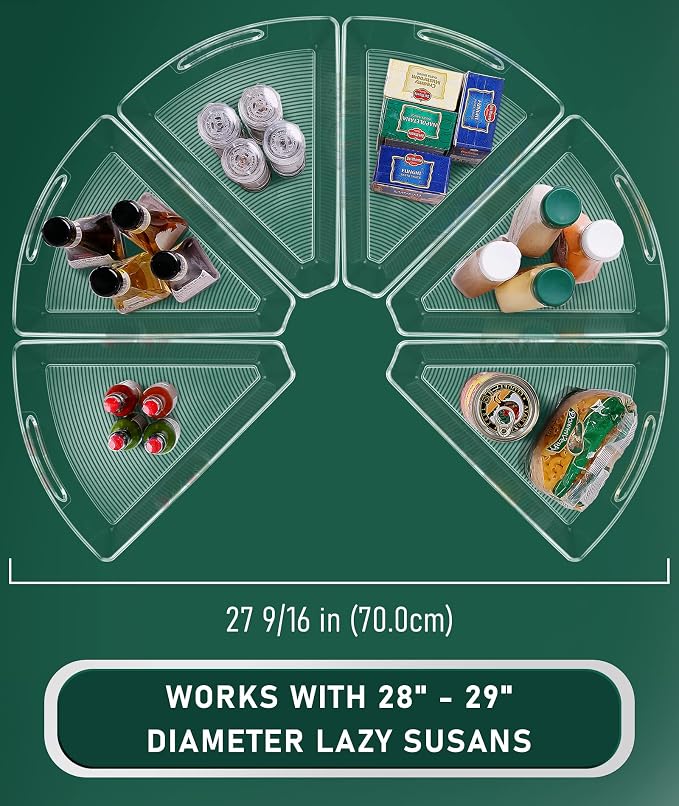 JEISSLIA Lazy Susan Cabinet Organizer Bins for 26"/ 28"/ 32" Diameter Corner Organizer, Plastic Cabinet Storage Bin, 1/8 Wedge - Food Safe, BPA Free, with Non-Slip Pads (for 28" Diameter, 6 Pack)