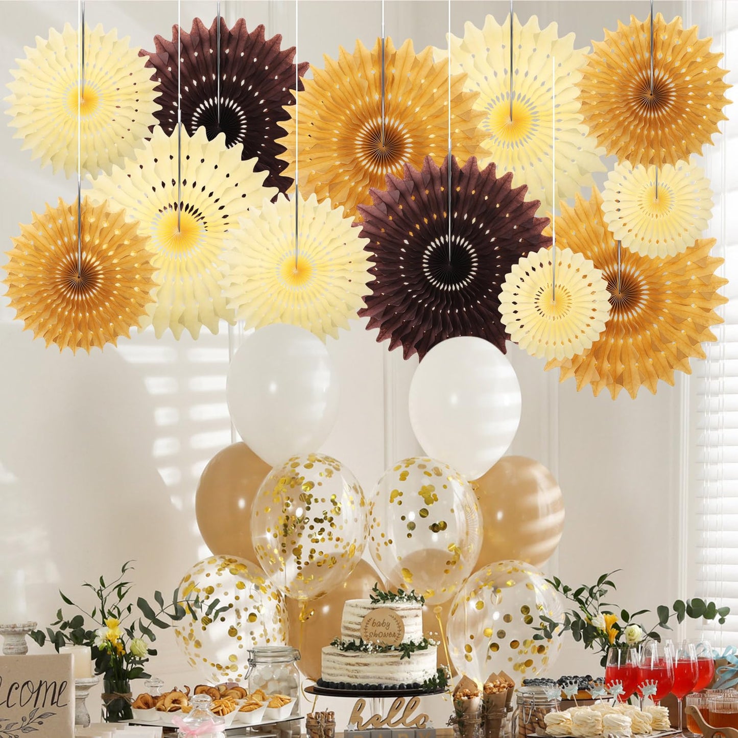 Outus 12 Pcs Hanging Honeycomb Paper Fans Sets, Fiesta Brown and Beige Party Decorations, Tissue Paper Flowers Supplies for Birthday Wall Classroom Wedding Photo Backdrop (14/8/6 Inch)