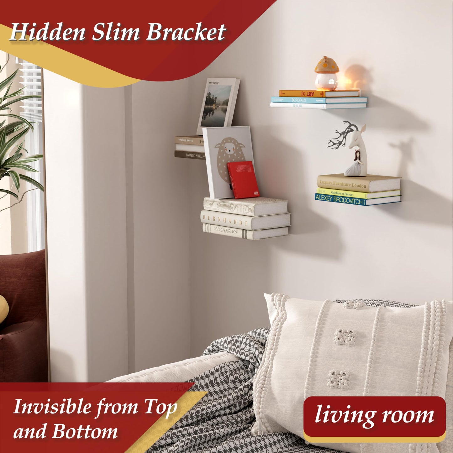 Deasolin Wall Mounted Floating Book Shelves, Floating Invisible Bookshelf, Heavy-Duty Steel Hidden Bookshelf Hanging Bookshelves for Bedroom Living Room Office, White 4-Pack
