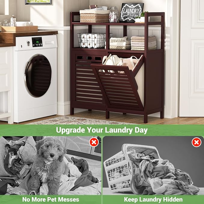 Homykic Tilt Out Laundry Hamper Cabinet, Bamboo Double Laundry Hamper with 2 Removable Laundry Baskets, 20 Gal Laundry Sorter Organizer with Shelf for Dirty Clothes, Bathroom, Laundry Room, Espresso