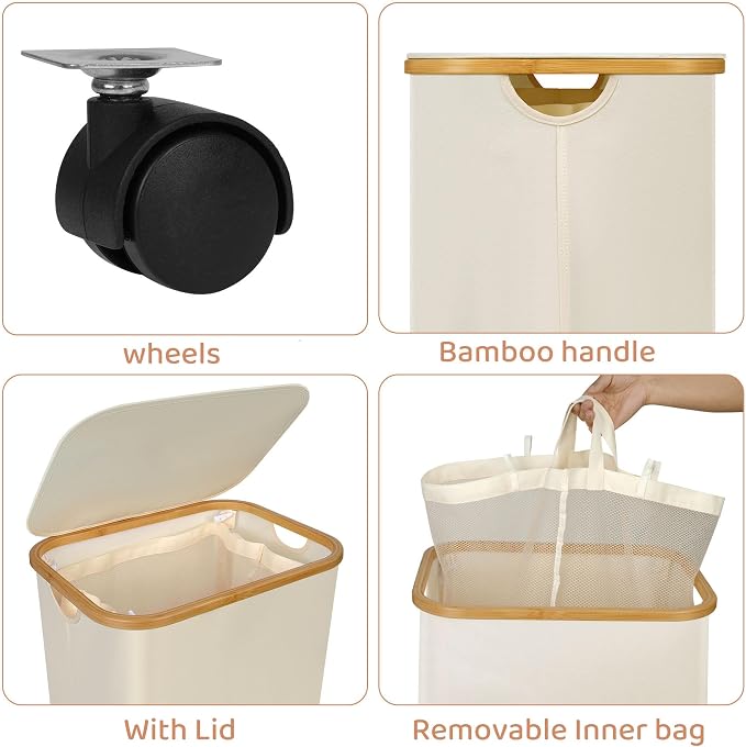 Laundry Hamper with Wheels,110L Laundry Basket with lid Rolling Clothes Basket Foldable Dirty Clothes Hamper on wheels with Bamboo Frame and Bag for Bedroom, Dorm, Laundry Room,Beige(29 Gal)