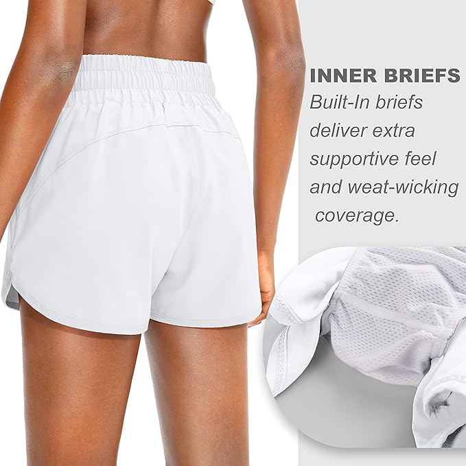 SANTINY Women's Running Shorts with Zip Pockets High Waisted Athletic Workout Gym Shorts for Women with Liner