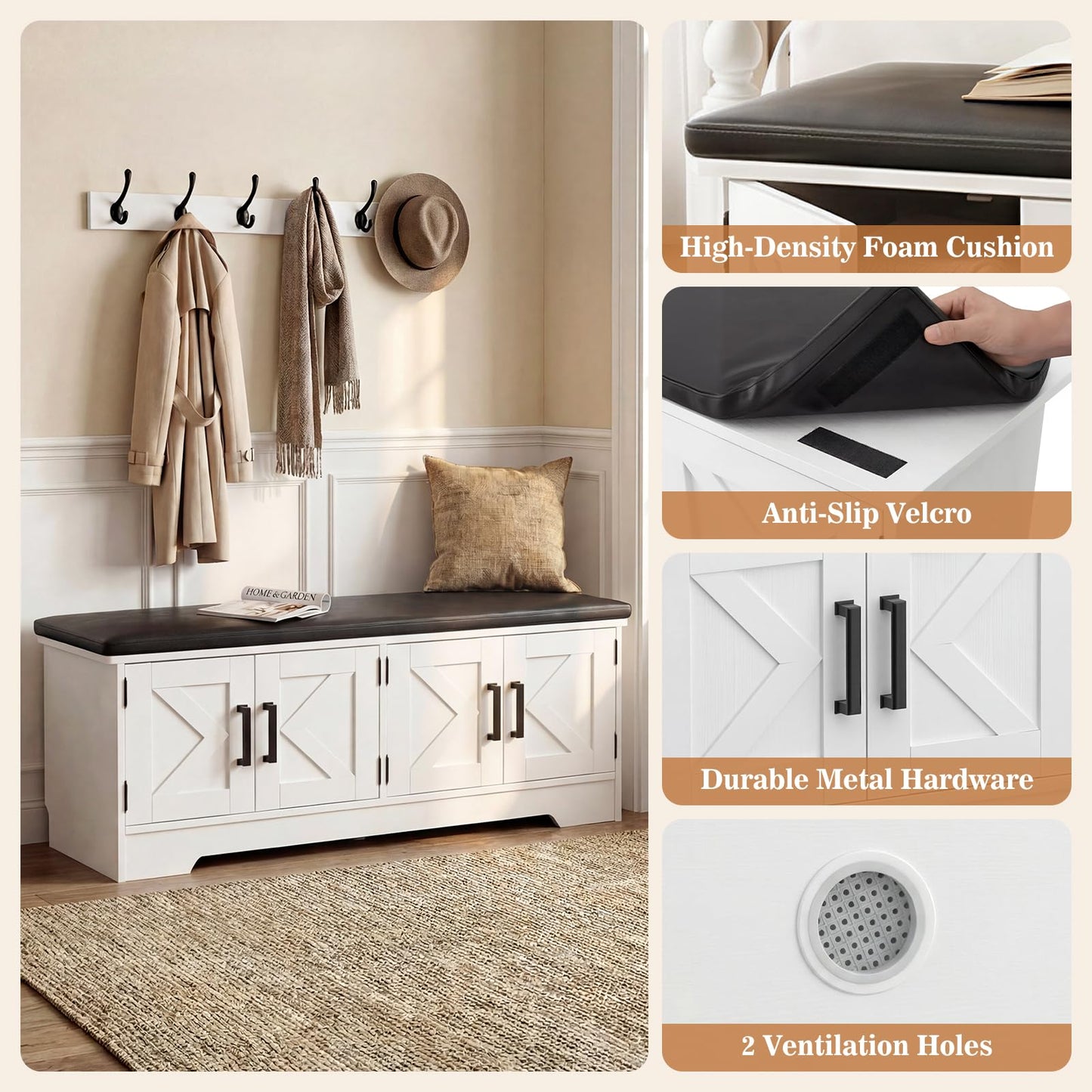 Farmhouse Shoe Storage Bench with Cushion - 43.3" Entryway Bench with Storage & 4 Barn Doors, 2-Tier Wooden Shoe Rack Bench, Hidden Shoe Cabinet & Mudroom Bench for Bedroom Hallway Living Room, White