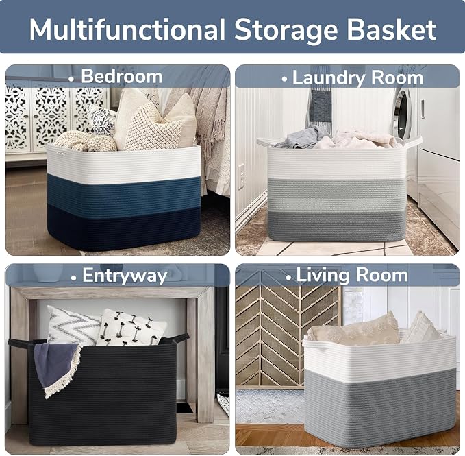 Goodpick 105L Extra Large Woven Basket 25" x 16" x 16" Cotton Rope Storage Baskets for Organizing, Rectangle Blanket Basket Living Room, Toy Storage Baskets for Kids, Blue