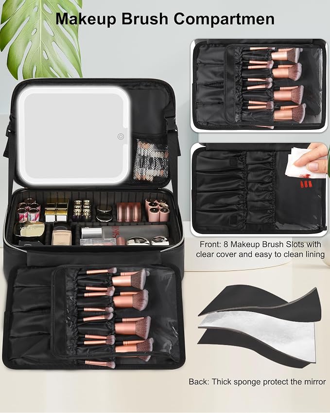 Chomeiu Makeup Bag with LED Mirror, Large Travel Cosmetic Train Case for Women, Makeup Artists Large Organizer Box with Vanity Light Up Mirror, 3 Color Lights, Adjustable Dividers (Black)
