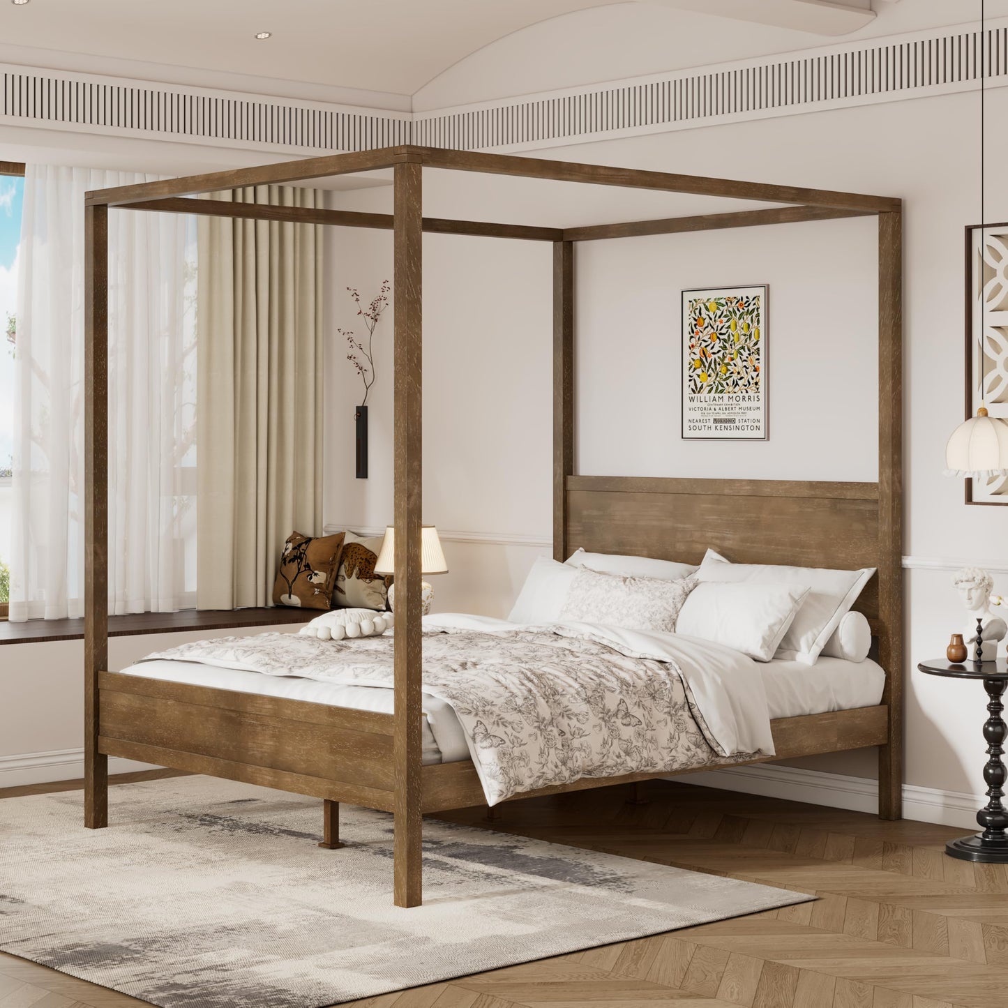 Christopher Knight Home Darnel Wooden Canopy Bed Frame Queen Size with Headboard, 4 Poster Platform Queen Bed Frame, Strong Wood Slat Mattress Support, No Box Spring Needed, Antique Natural