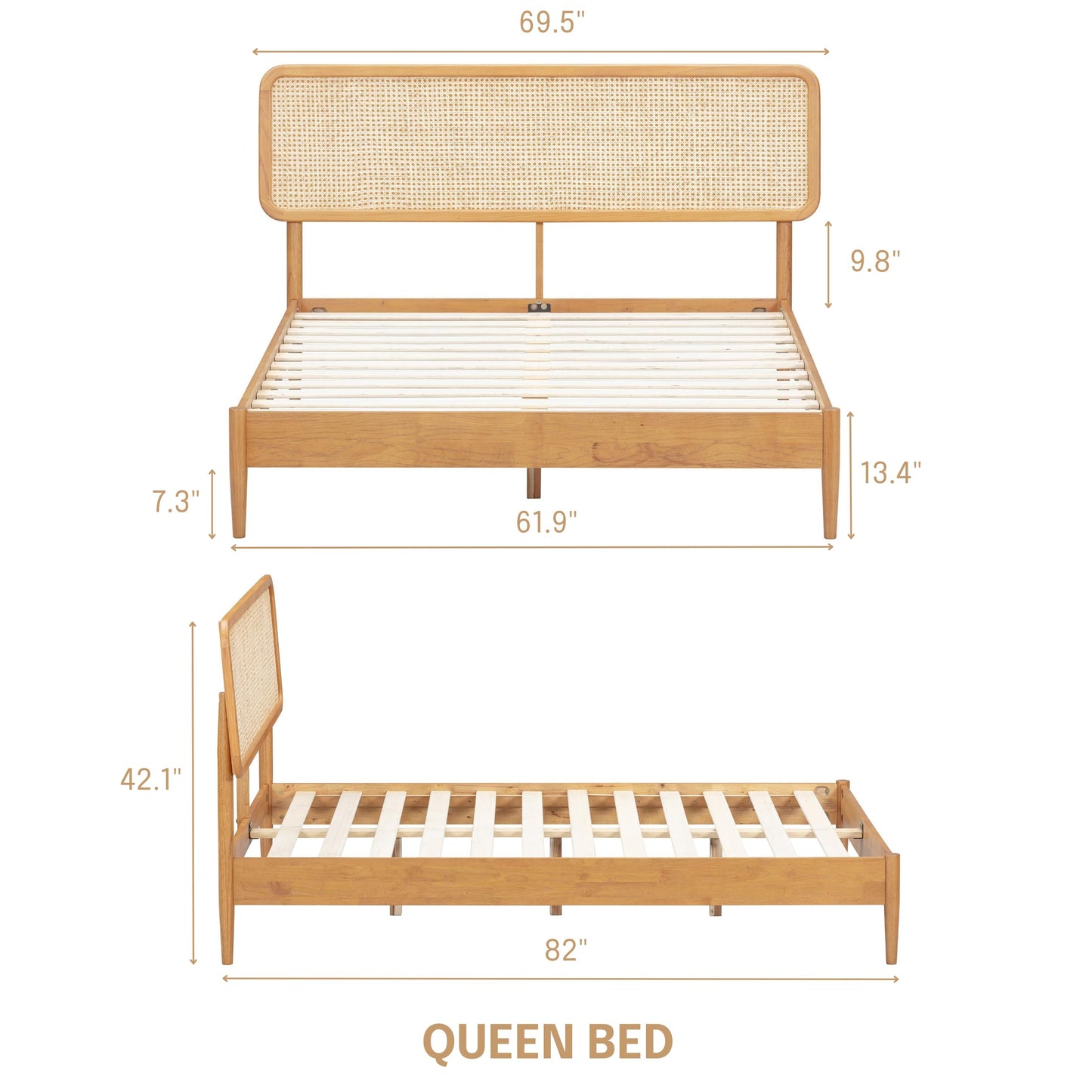 NTC Lupin Wooden Bed Frame with Headboard and Natural Rattan, Solid Oak/Rubber Wood Foundation with Silent Slats, 1000 Lb Capacity, Effortless Assembly (Natural Cane - Rustic Oak, Queen)