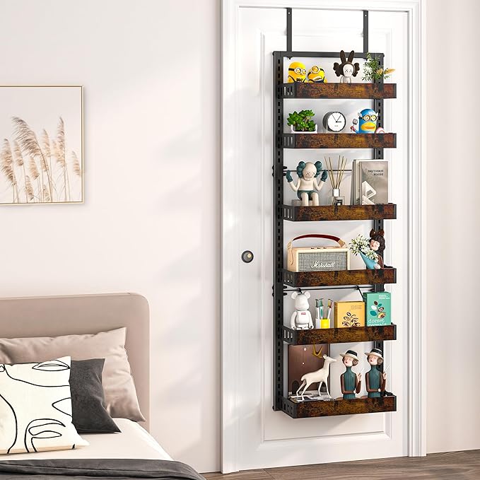 BUKFEN 6-Tier Over the Door Pantry Organizer, 2-in-1 Door Hanging or Wall Mounted Spice Rack with Adjustable Wooden Baskets, Heavy Duty Metal Storage Shelf, 12 Hooks for Kitchen, Bathroom, Closet
