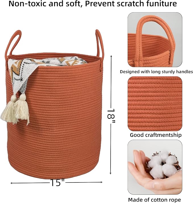 XUANGUO Cotton Rope Laundry Basket Hamper for Clothes Woven Storage Basket for Living Room Bedroom Boho Tall Rope Baskets for Blanket Toys Pillow Towels Baby Nursery Hamper Bin Large rust red