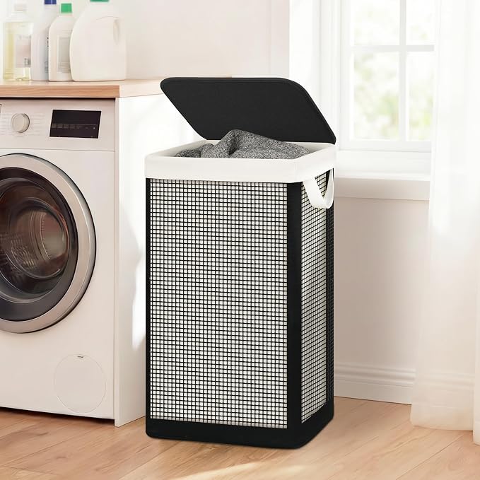 STO STO Laundry Hamper with Lid, 90L Large 1 Section Laundry Sorter, Laundry Basket with Removable Washable Canvas Liner Bag, Breathable Clothes Hamper for Bedroom Bathroom Laundry Room Closet Dorm