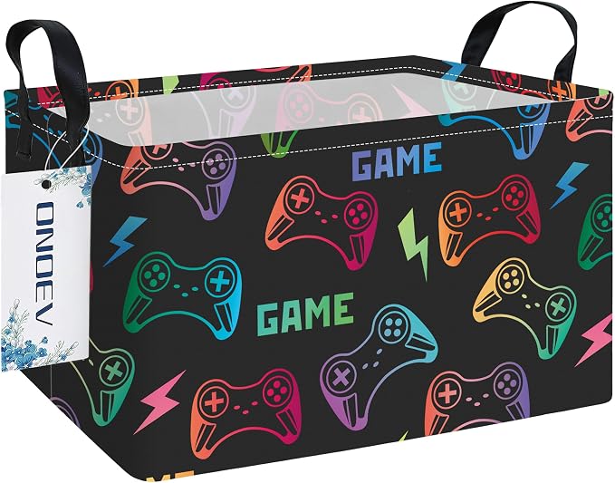 Foldable Storage Basket with Handles, Game Controller Print Toy Bin, Gaming Themed Organizer for Kids Bedroom Playroom Nursery, Clothes Laundry Hamper Gift for Boys Gamers