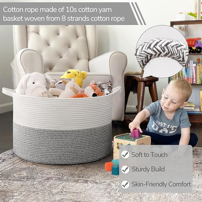 INDRESSME Large Blanket Basket, Laundry Toy Storage Baskets, Decorative Woven Basket for Living Room & Nursery, Baskets for Gifts Empty, Laundry, Dog Toys, Towels, Light Grey, 19.7" D x 12.6" H