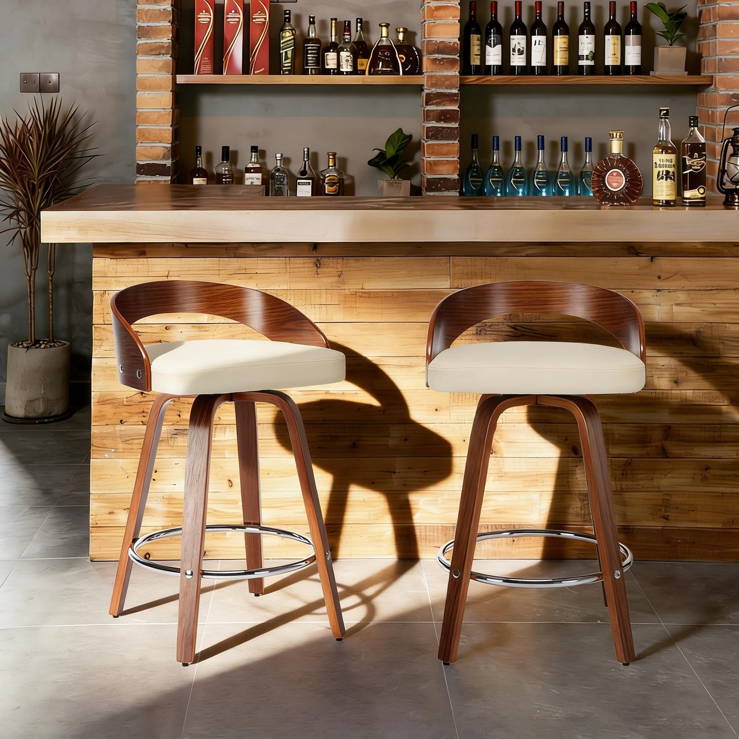 Swivel Bar Stools Set of 2, 24.6" Counter Height Bar Stools, Mid-Century Modern Design, Upholstered Walnut Barstools with Bentwood Curved Back and Legs, Suitable for Kitchen Island, Counter