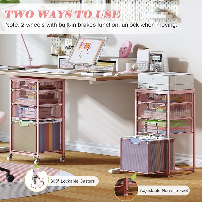 Sbanmao 4 Drawer Rolling File Cart Under Desk Storage, File Cabinets for Home Office, Mobile Filing Cabinet, Hanging File Organizer with Wheels, Utility Cart Printer Stand, Pink