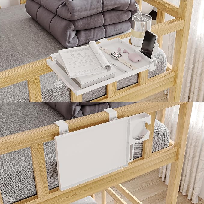 Metal Bedside Shelf Table Tray with Cup Holder, Foldable Bed Side Table for Bunk Bed & Top Bunk, College Dorm Room Essentials for Guys & Girls, Clip-on Laptop Nightstand for IKEA Beds, White