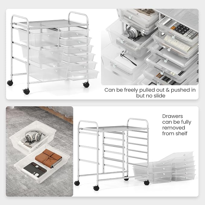 Giantex 9 Drawers Rolling Cart, Classroom Organizers, Storage Cart with Wheels, for Teacher Office Home School Supplies Tool Craft Art Paper, Clear