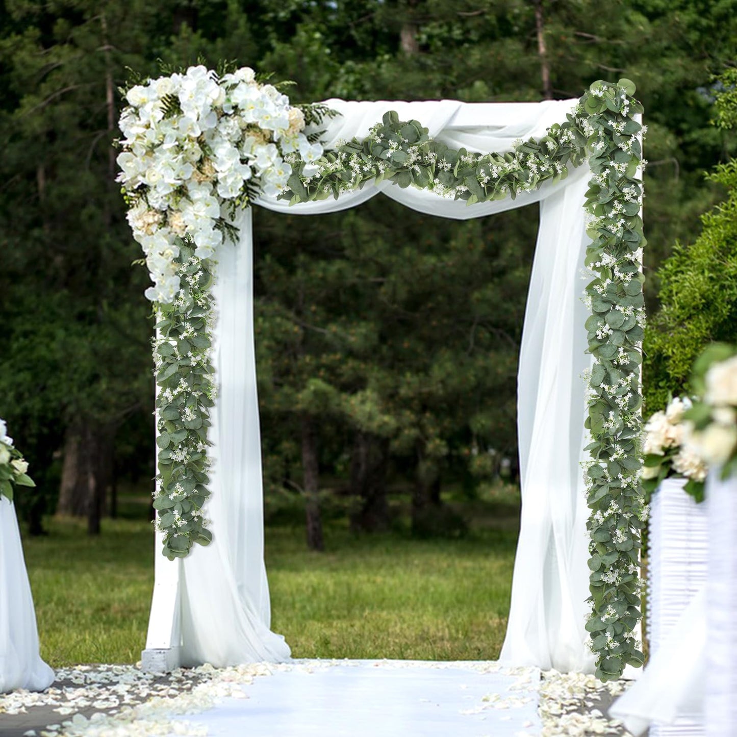 KHOYIME Eucalyptus Garland with White Flowers, 4 Packs 5.9Ft Artificial Silver Dollar Eucalyptus Leaves Plant Fake Greenery Hanging Ivy Vines Faux Wreath for Wedding Arch Party Mantle Table Home Decor