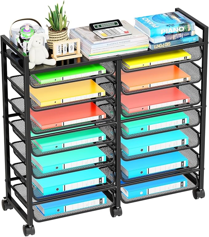 Simple Trending 15-Tier Rolling File Cart, Desk File Organizer with 14 Mesh Sliding Trays, Letter & Legal Paper Storage Rolling Utility Cart for Office Home School, Black